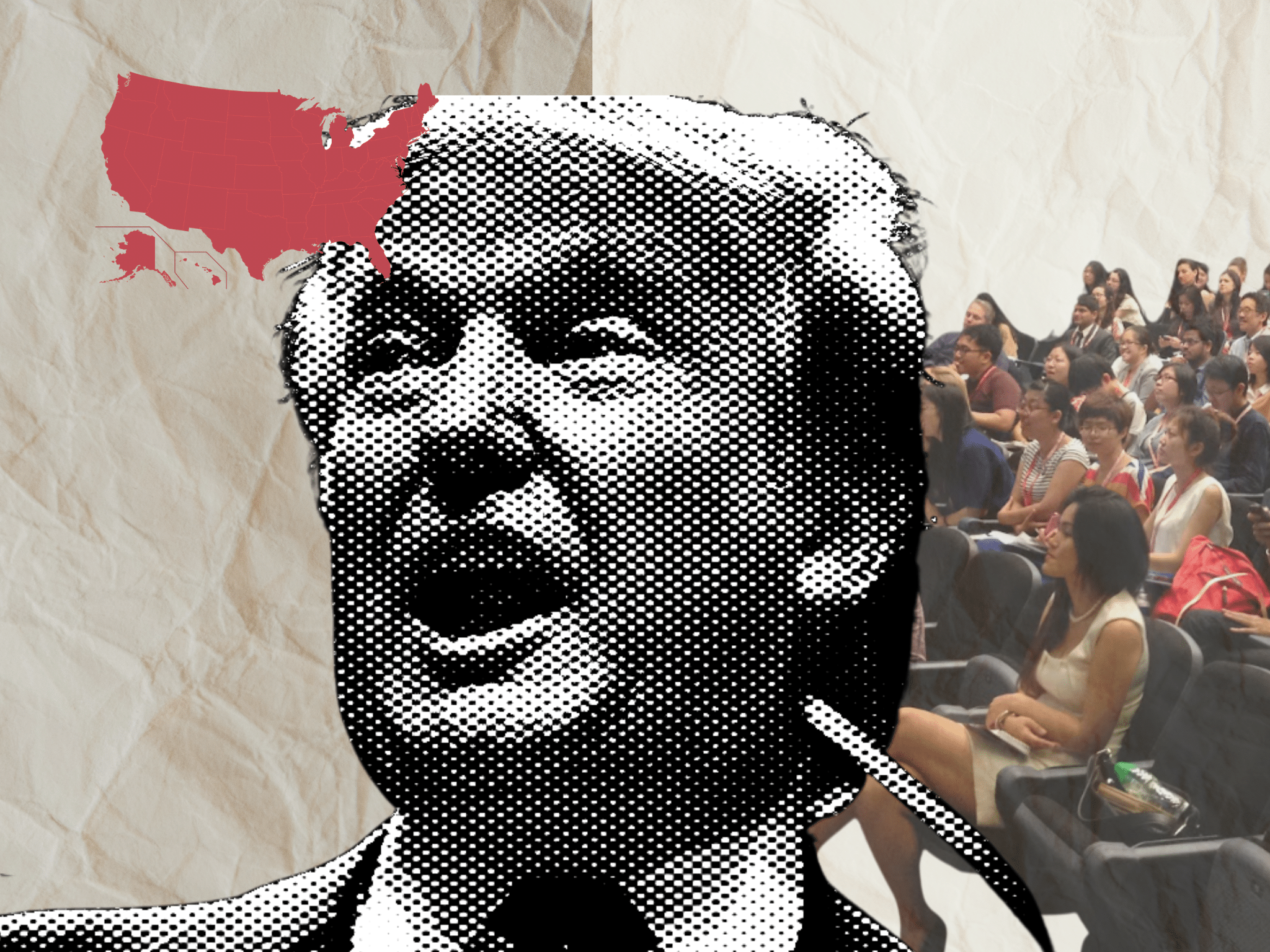 Collage of photos with two halves and a paper filter layered over. A red map of the U.S. is at the top left of the photo and an audience of Asian journalists of varying ethnicities and genders is at the bottom right corner. A blown-up photo of Donald Trump with a half-tone screen effect edited atop is located at the center of the photo.