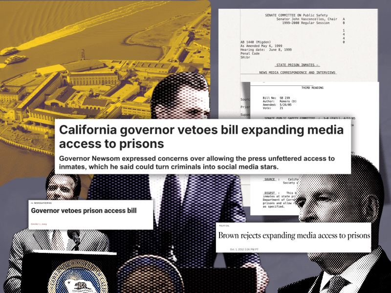 Collage of images. Top left: Photo of San Quentin Rehabilitation Center, a state prison in California, with a yellow filter. Top right: Two screenshots of the text of prison media access bills, AB 1440 and SB 239. The bottom half of the collage features cutouts of profiles of California governors Arnold Schwarznegger, Gavin Newsom, and Jerry Brown. All are white men wearing suits and speaking a podium. There is an article screenshot over each cut-out. The one above Schwarznegger says Governor vetoes prison access bill (October 1, 2004). The one above Newsom says California governor vetoes bill expanding media access to prisons: Governor Newsom expressed concerns over allowing the press unfettered access to inmates, which he said could turn criminals into social media stars. The cutout above Brown says Brown rejects expanding media access to prisons (Oct. 1, 2012 2:26 p.m. PT)