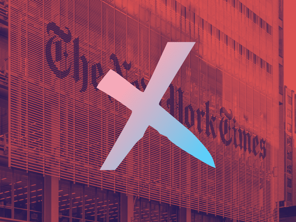 A red duotone filter is layered over a photo of the New York Times office. An X in a gradient with the colors of the trans flag is atop the New York Times sign.