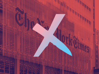 A red duotone filter is layered over a photo of the New York Times office. An X in a gradient with the colors of the trans flag is atop the New York Times sign.