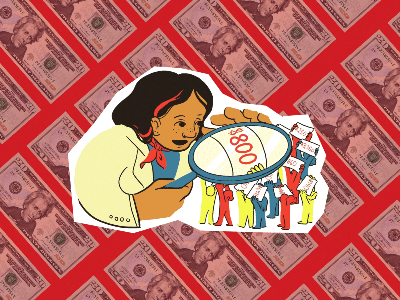An illustration of a brown-skinned fem person with shoulder-length black hair holding up a magnifying glass to loosely-sketched outlines of people holding up varying rates. The magnifying glass shows $800. The illustration is on a red background with diagonal stripes made up of $20 bills.