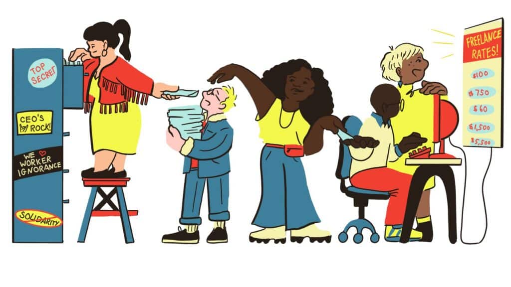 An illustration of workers of several genders and races handing off information to each other, from one worker standing on a stool to pass a folder of information onto another person, who passes it onto an intermediary giving it to two people looking at freelance rates on the computer.