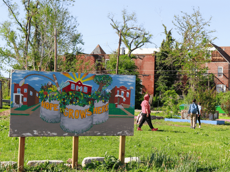 A painted billboard in North St. Louis is the focus of the image, where three bags of leaves are filled in the middle of a clear street underneath a blue sky, with red brick duplexes and apartment buildings in the background. "Hope Grows Here" is written on the bags. The billboard stands in front of a field, where a handful of people are captured walking in front of similar red brick apartment buildings.